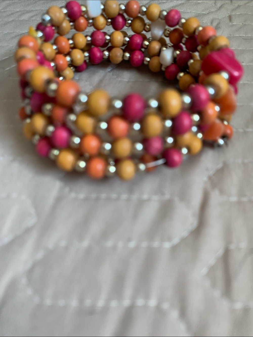 Multi-Color Beaded Coil  Wire Bracelet — Pink, Orange & Yellow